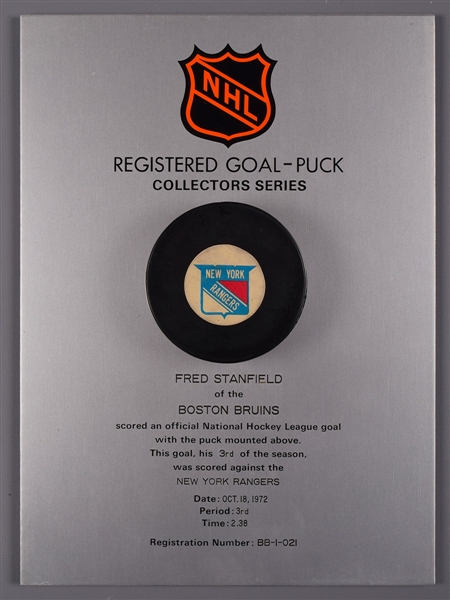 Fred Stanfields Boston Bruins October 18th 1972 Goal Puck on Plaque from the NHL Goal Puck Program - 3rd Goal of Season / Career Goal #128