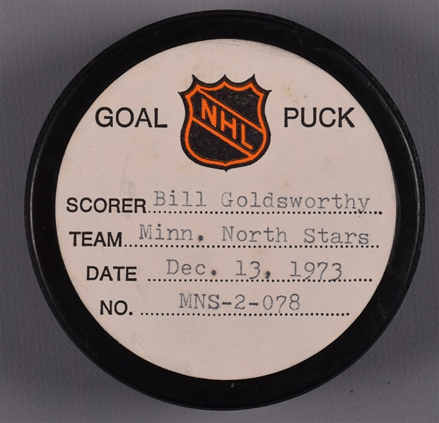 Bill Goldsworthys Minnesota North Stars December 13th 1973 Goal Puck from the NHL Goal Puck Program - 20th Goal of Season / Career Goal #182