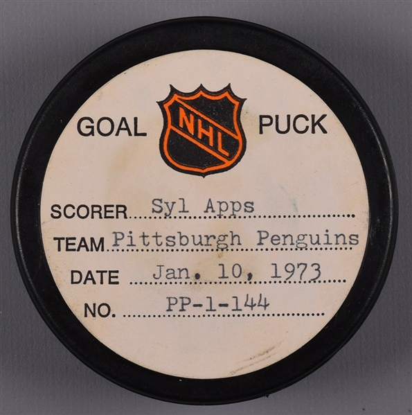 Syl Apps Pittsburgh Penguins January 10th 1973 Goal Puck from the NHL Goal Puck Program - 20th Goal of Season / Career Goal #45