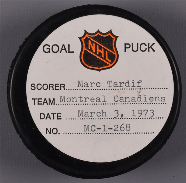 Marc Tardifs Montreal Canadiens March 3rd 1973 Goal Puck from the NHL Goal Puck Program - 20th Goal of Season / Career Goal #73