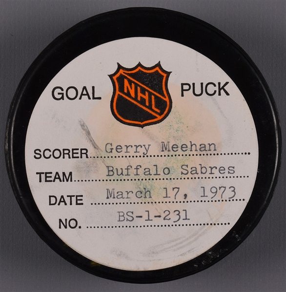 Gerry Meehans Buffalo Sabres March 17th 1973 Goal Puck from the NHL Goal Puck Program - 30th Goal of Season / Career Goal #73