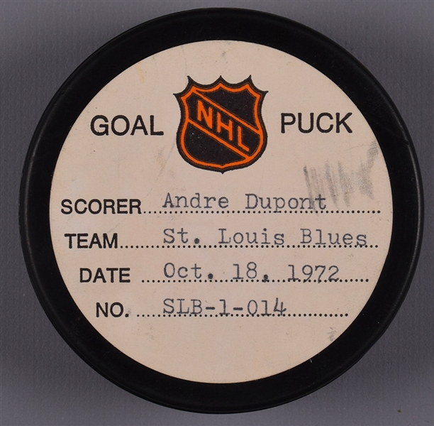 Andre Duponts St. Louis Blues October 18th 1972 Goal Puck from the NHL Goal Puck Program - 1st Goal of Season / Career Goal #5