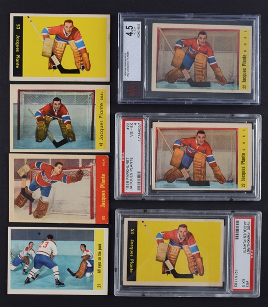 Jacques Plante 1955-60 Parkhurst Hockey Card Collection of 7 with 1955-56 Rookie Card
