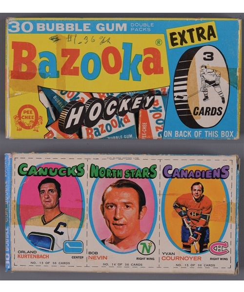 1971-72 O-Pee-Chee Bazooka Bubble Gum Box with Hockey Cards (3) On Back Panel!