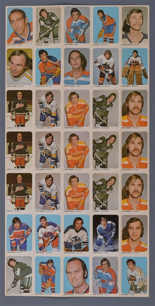 1973-74 Quaker Oats Hockey WHA Uncut Sheet of 35 with 3 Bobby Hull Cards (11 ¼” x 23 ¾”) 
