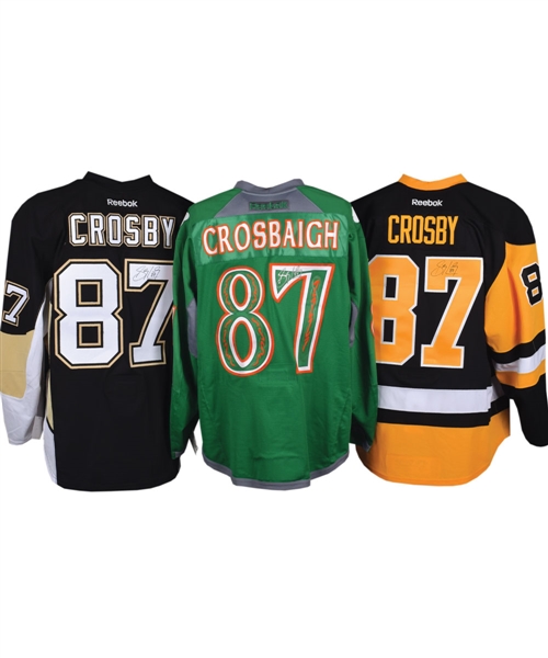 Sidney Crosby Signed Pittsburgh Penguins 2014-15 Authentic Game Jersey, Throwback Jersey and Team-Issued St. Patricks Day Warm-Up Jersey