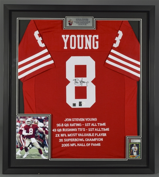 Steve Young San Francisco 49ers JSA Certified Signed Stats Jersey Framed Display with 1986 Topps Graded Rookie Card (35" x 39")