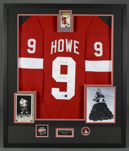 Gordie Howe Detroit Red Wings PSA/DNA Certified Signed Jersey Framed Display with 1954-55 Topps Graded Hockey Card (34" x 40")