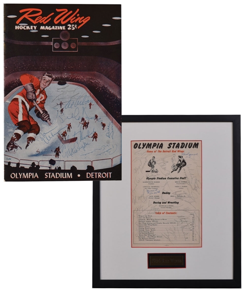 Detroit Red Wings 1954-55 Stanley Cup Champions Team-Signed Framed Program Page with Sawchuk Plus 1956-57 Team-Signed Program