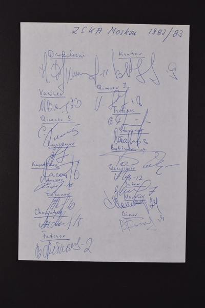 Team USSR 1982-83 Team-Signed Page with Larionov, Vasiliev, Fetisov, Makarov and Tretiak