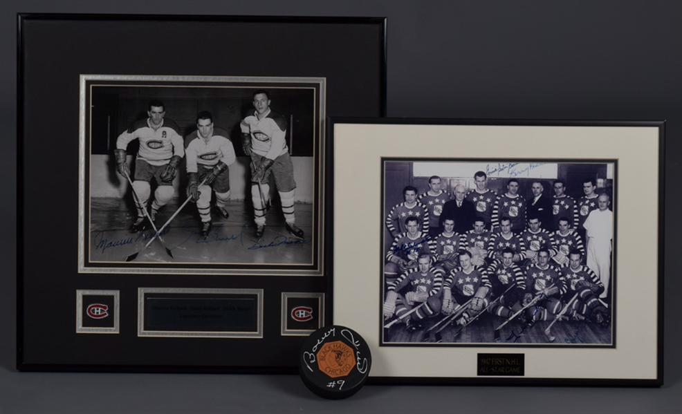 Montreal Canadiens and 1947 NHL All-Star Game Multi-Signed Framed Displays (2) with Richard Bros, Moore and Bouchard Plus Bobby Hull Signed Replica "Original Six" Chicago Black Hawks Puck