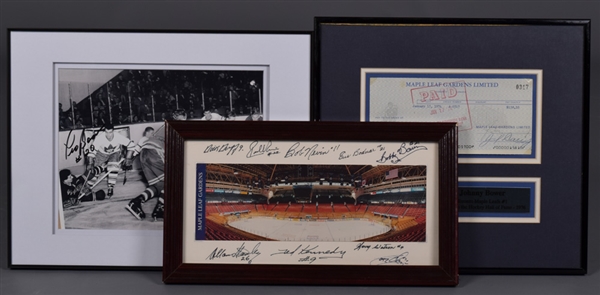 Toronto Maple Leafs Framed Display Collection (3) with Multi-Signed MLG Mini-Panorama and Bower Leafs Payroll Check 