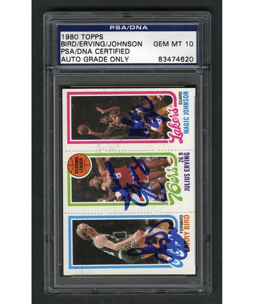 1980-81 Topps Basketball Larry Bird RC/Julius Erving/Magic Johnson RC - Triple-Signed! - PSA/DNA Certified Auto "GEM MT 10"