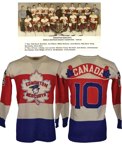 Doug MacAuleys Edmonton Mercurys Team Canada 1950 World Championships Game-Worn Wool Jersey - Team Repairs! - World Champions!