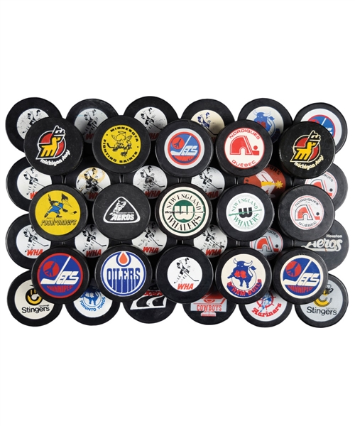 1972-79 Biltrite WHA Game Puck Collection of 39