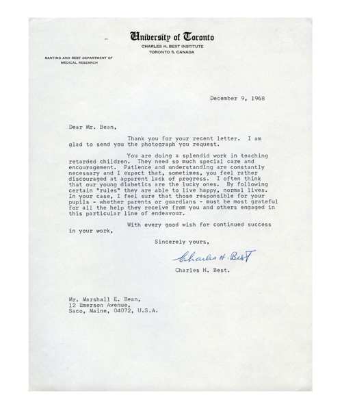 Canadian Medical Scientist Charles H. Best Signed 1968 University of Toronto Letterhead - Co-Discoverer of Insulin