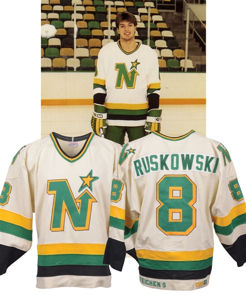Brian Lawtons 1986-87 Minnesota North Stars Game-Worn Jersey - Recycled For Terry Ruskowski for 1987-88 - Team Repairs!