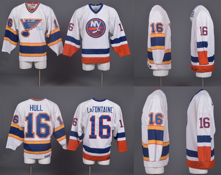Pat LaFontaine Signed New York Islanders Jersey Plus Brett Hull Signed St. Louis Blues Jersey and Easton Aluminum Stick with JSA LOAs