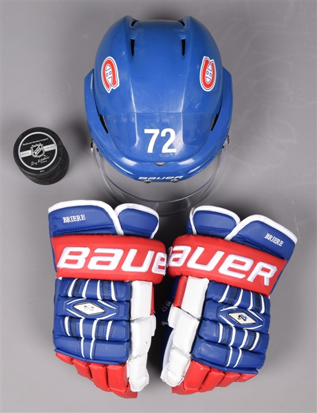 Montreal Canadiens Game-Worn Equipment Collection with Briere Game-Used Gloves, Cole Game-Worn Helmet and 2007-08 Game-Used Puck