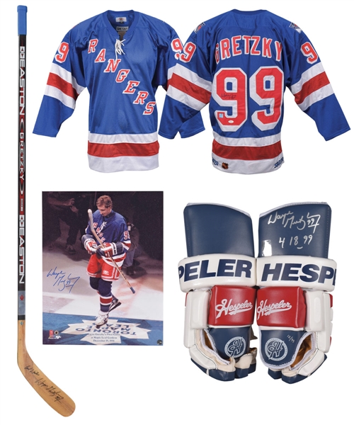 Wayne Gretzky Signed 1999 New York Rangers Limited-Edition Hespeler Gloves #12/99 with WGA COA, Signed Rangers Jersey with JSA LOA, Signed Rangers Photo and Easton Stick