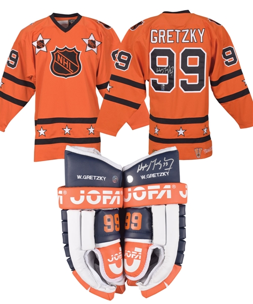 Wayne Gretzky Signed 1980 NHL All-Star Game Limited-Edition Jersey #110/299 with WGA COA, Edmonton Oilers Jofa Gloves (Pair) with Signed Left Glove with WGA COA and Signed Easton Model Stick