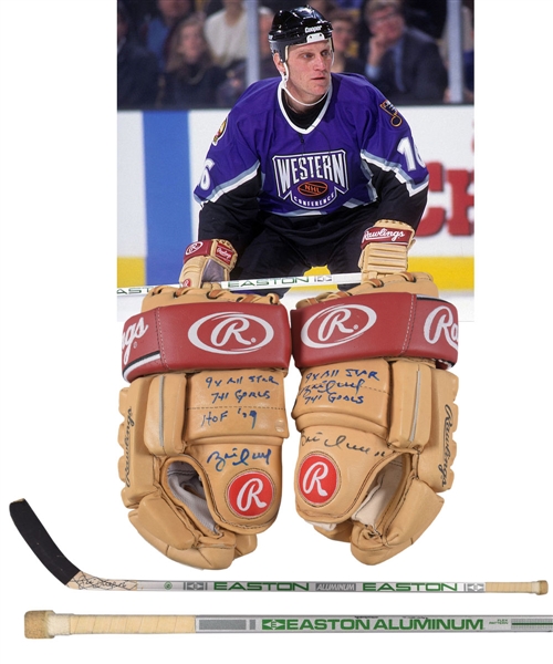 Brett Hulls 1996 NHL All-Star Game-Used Signed Rawlings Vintage Gloves Plus Easton Signed Game-Used Stick