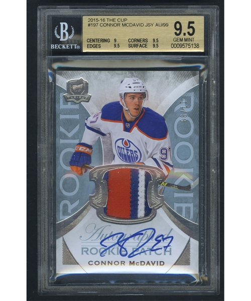 2015-16 Upper Deck "The Cup" Hockey Card #197 Connor McDavid Autographed Rookie Patch RPA #17/99 Beckett-Graded Gem Mint 9.5