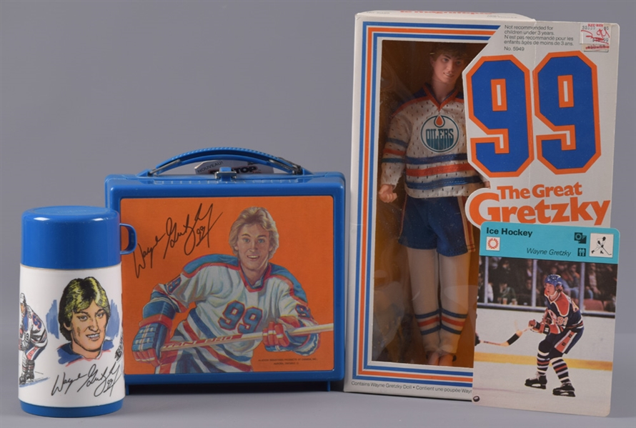 Wayne Gretzky Collection with 1979 Sportscaster Card, Early-1980s Alladin Lunchbox and Thermos and 1983 Mattel Doll in Original Box