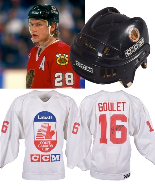 Steve Larmers Late-1980s Chicago Black Hawks Signed Game-Worn Helmet and Michel Goulets 1991 Canada Cup Signed Practice-Worn Jersey