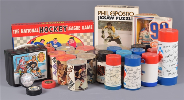 Vintage Hockey Memorabilia Collection with 1970s Hockey Puzzles (9), Gretzky 1983 Mattel Doll, Hockey Thermos and More