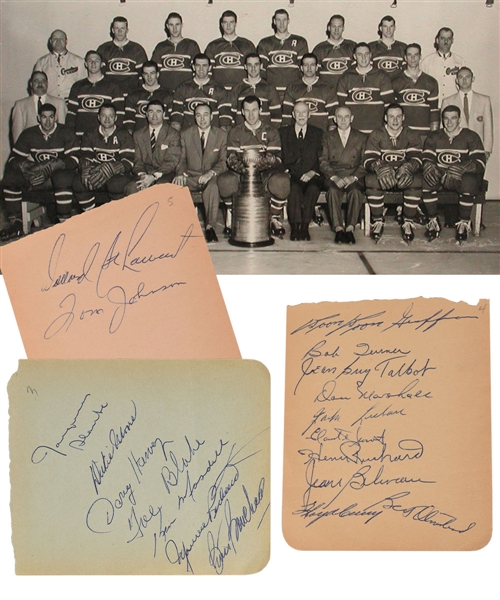 Montreal Canadiens 1955-56 Stanley Cup Champions Team-Signed Sheets (3) with 10 Deceased HOFers Including Plante, Harvey and Blake