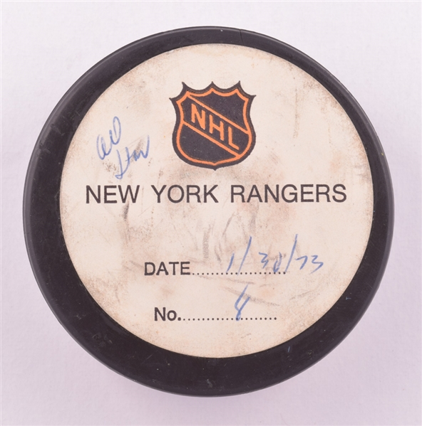 Terry Harpers 1973 NHL All-Star Game "West All-Stars" Goal Puck from the NHL Goal Puck Program - 1st All-Star Game Goal of Career