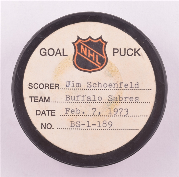 Jim Schoenfelds Buffalo Sabres February 7th 1973 Goal Puck from the NHL Goal Puck Program - 4th Goal of Rookie Season / Career Goal #4