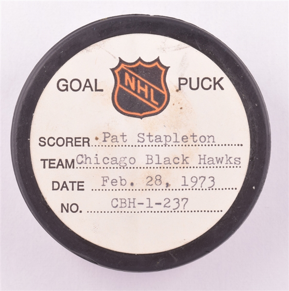 Pat Stapletons Chicago Black Hawks February 28th 1973 Goal Puck from the NHL Goal Puck Program - 10th Goal of Season / Career Goal #43 / Last Regular Season Goal of NHL Career