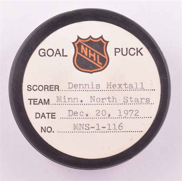 Dennis Hextalls Minnesota North Stars December 20th 1972 Goal Puck from the NHL Goal Puck Program - 14th Goal of Season / Career Goal #47