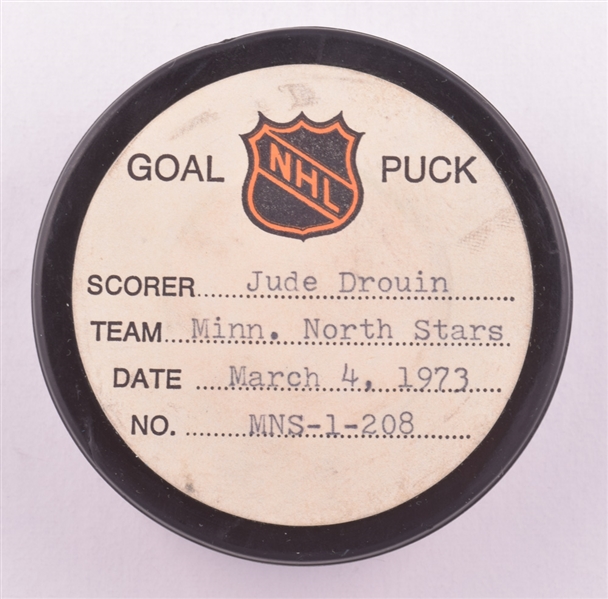 Jude Drouins Minnesota North Stars March 4th 1973 Goal Puck from the NHL Goal Puck Program - 21st Goal of Season / Career Goal #50