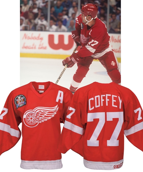 Paul Coffeys 1994-95 Detroit Red Wings Game-Worn Stanley Cup Finals Alternate Captains Jersey with His Signed LOA - James Norris Trophy Season! - Photo-Matched!