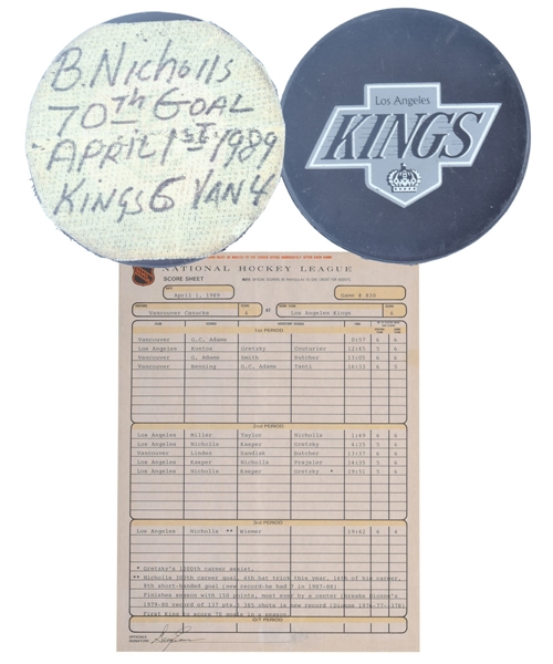 Bernie Nicholls 1988-89 Los Angeles Kings 70th Goal of Season / 300th Career Goal Puck Plus Official Game Sheet with His Signed LOA