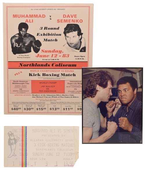 Dave Semenko vs Muhammad Ali 1983 Exhibition Boxing Match Poster, Semenko and Ali Photo Signed by Semenko and Ticket Stub for Match