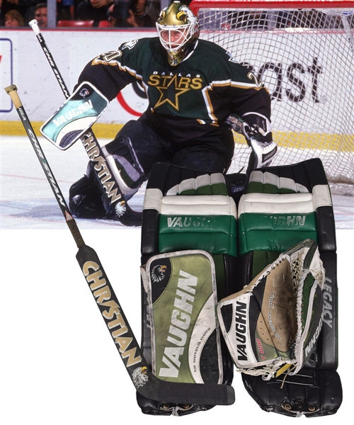 Ed Belfours Late-1990s/Early-2000s Dallas Stars Game-Worn Vaugh Goalie Pads, Glove and Blocker Plus Christian Game-Used Stick and Other Items with His Signed LOA