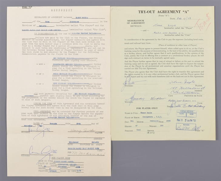 Toronto Maple Leafs 1940s/1950s Official NHL Document Collection of 3 with Deceased HOFers Conn Smythe and Hap Day Signatures