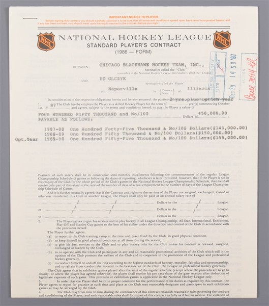 Ed Olczyk 1987-90 Chicago Black Hawks Official NHL Contract and Addendum Both Signed by Deceased HOFer William Wirtz 