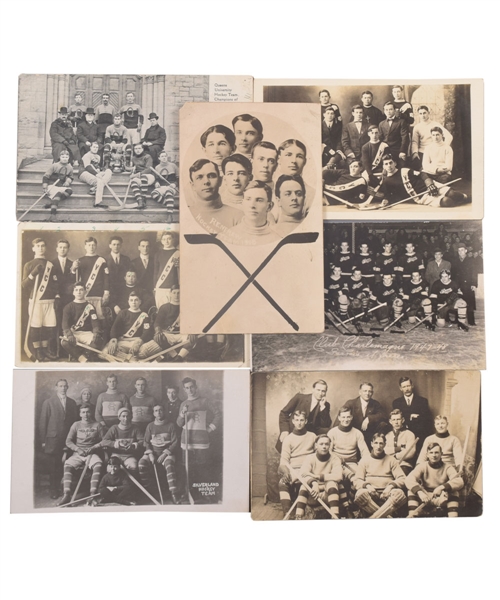 Vintage Hockey Team Postcard Collection of 7 with 1907-08 Renfrew Creamery Kings and 1906 Queens University