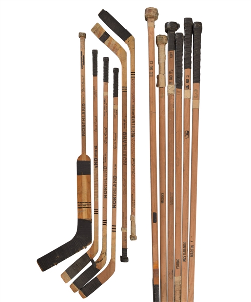 Chicago Black Hawks Mid-to-late-1960s Game-Used Stick Collection of 6 with DeJordy, Martin, Nesterenko, Jarrett, Young and 1966-67 Team-Signed Mohns