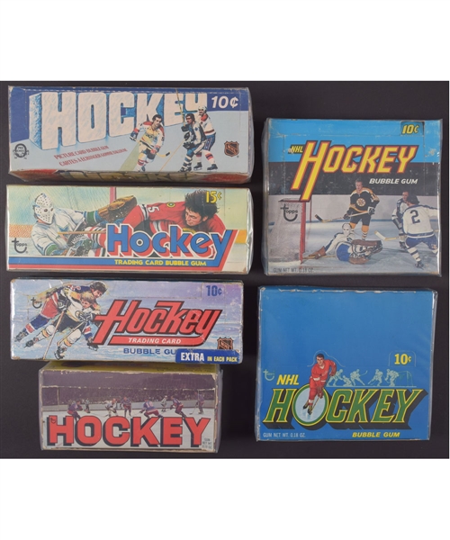 1968-69, 1971-72, 1972-73, 1973-74 & 1975-76 Topps Hockey Card Display Boxes Plus 1976-77 O-Pee-Chee Box