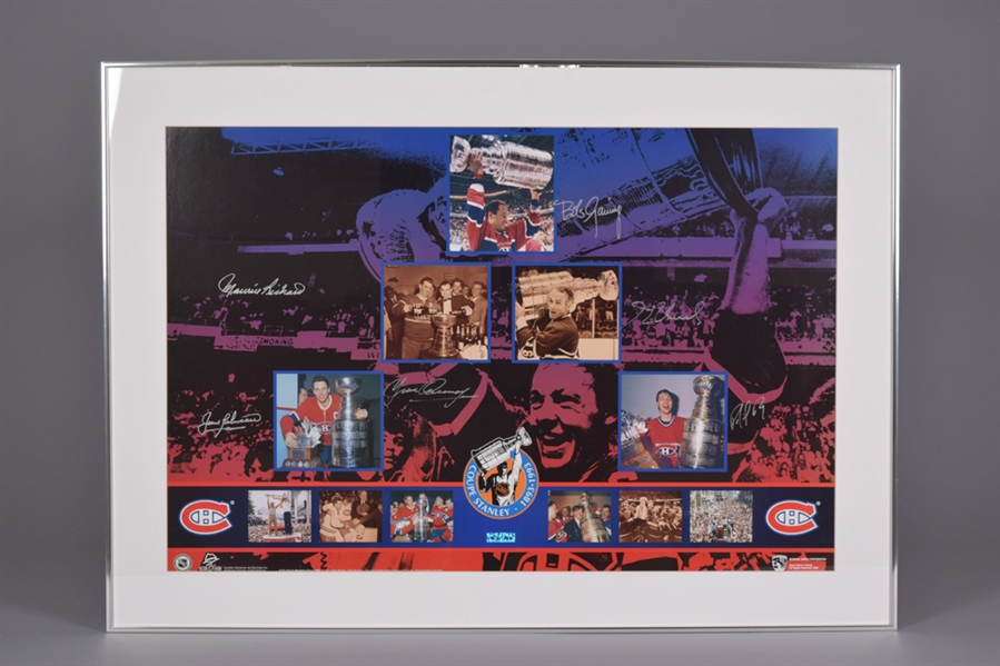 Montreal Canadiens Stanley Cup 100th Anniversary Limited-Edition Framed Poster #1309/1993 Autographed by Maurice and Henri Richard, Beliveau, Cournoyer, Gainey and Roy with COA (30" x 42") 