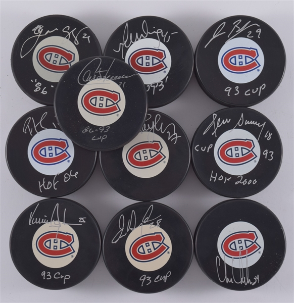 Montreal Canadiens 1993 Stanley Cup Champions Signed Puck Collection of 10 Including Hall of Fame Members Roy, Savard and Chris Chelios with LOA