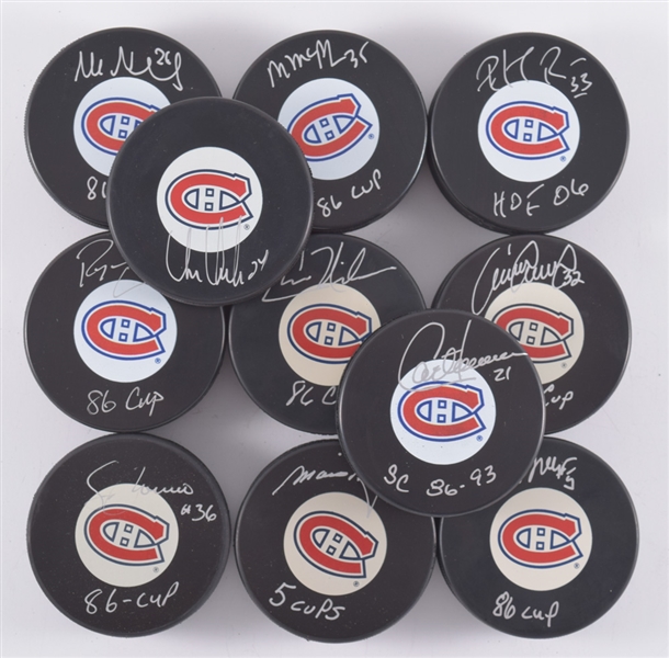 Montreal Canadiens 1986 Stanley Cup Champions Signed Puck Collection of 7 Including Hall of Fame Members Patrick Roy and Chris Chelios with LOA