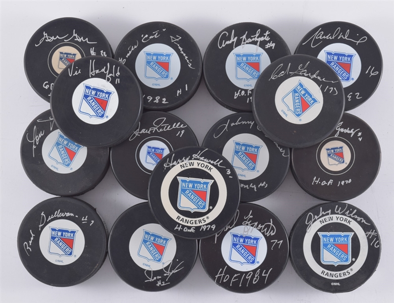 New York Rangers Signed Puck Collection of 15 with 8 Hall of Fame Members Including Bathgate, Howell, Dionne and Ratelle with LOA