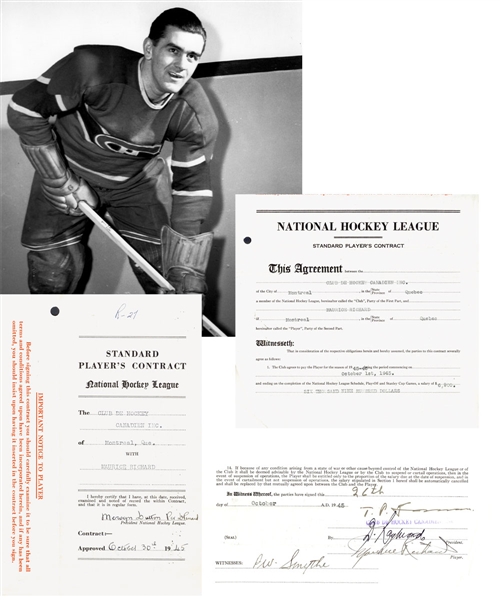 Maurice Richards 1945-46 Montreal Canadiens NHL Contract Signed by Deceased HOFers Richard, Gorman and Raymond